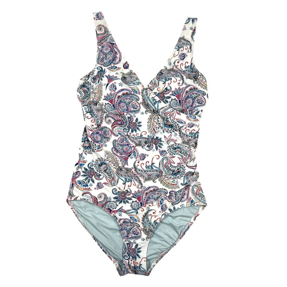 Nip Tuck Swim Louise One Piece Swimsuit Size 6 White Paisley Tummy Control‎ EUC